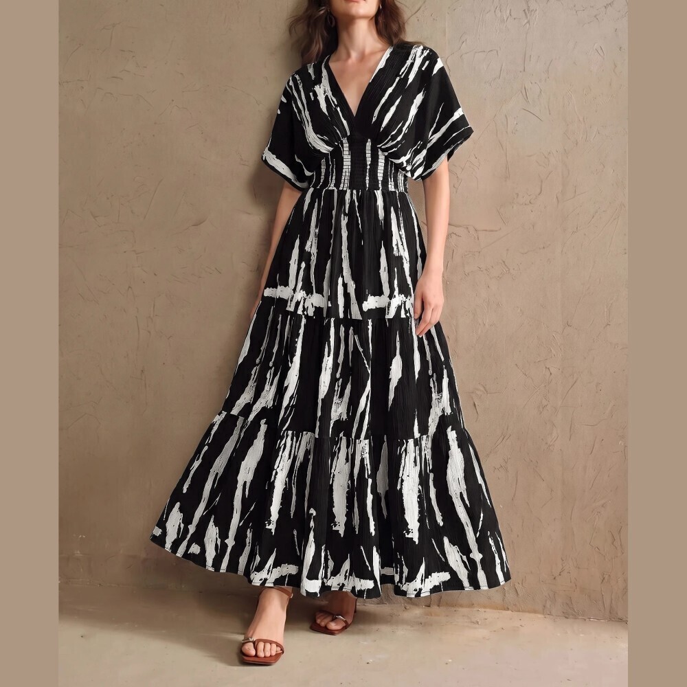 Black and White Brushstroke Print Smocked Waist Tiered Maxi Dress